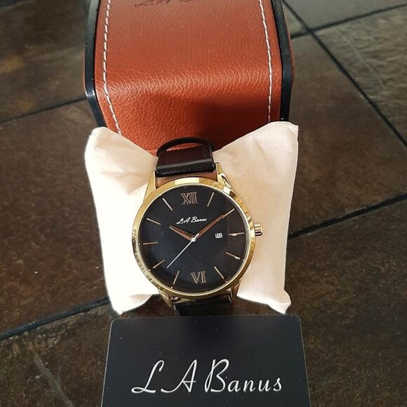 La Banus Men's Roman Numeral Gold & Black Leather Watch - Picture 4 of 5